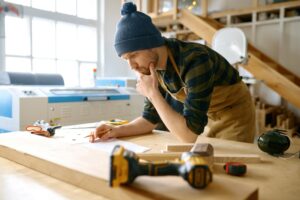 Pensive carpenter designer looking at plan scheme on work table